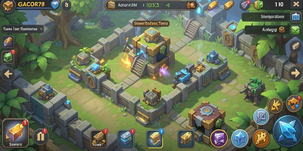 Gameplay GACOR78 menunjukkan menara dan musuh yang seru dalam pertempuran.