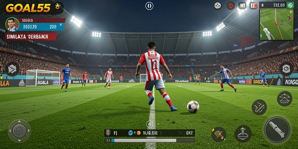Tampilan gameplay penuh aksi dalam game sepak bola GOAL55.