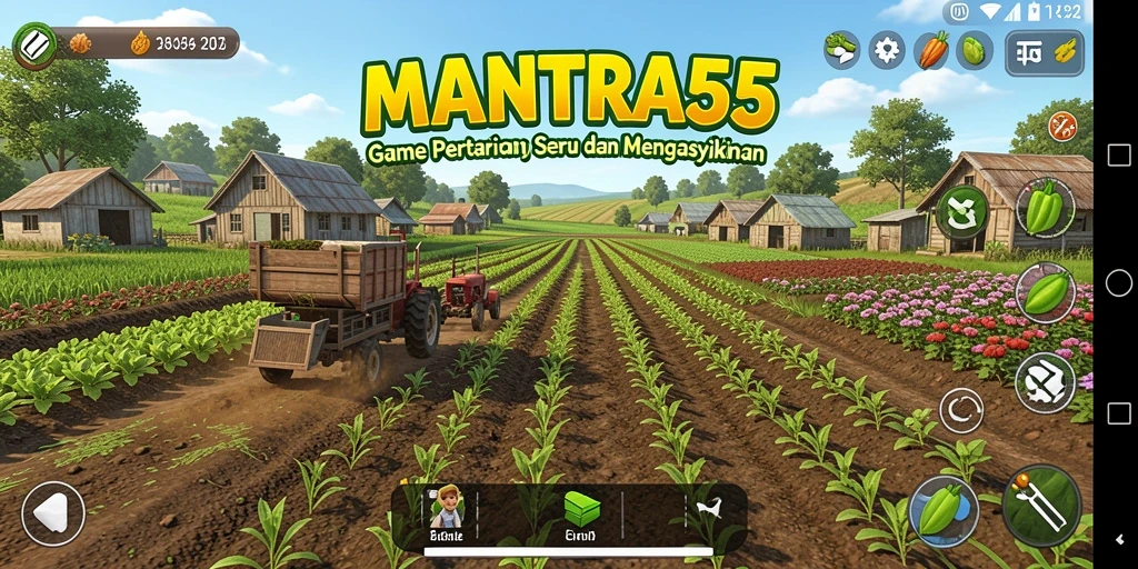 Tampilan gameplay <strong>MANTRA55</strong> yang menampilkan aktivitas berkebun yang seru.