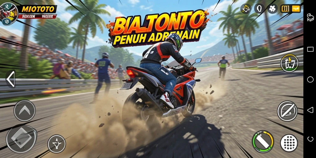 Screenshot gameplay MIOTOTO menampilkan aksi balapan motor yang mendebarkan.
