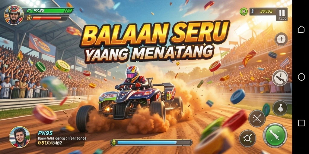 Tampilan layar gameplay PK95 dengan aksi balapan yang mendebarkan.