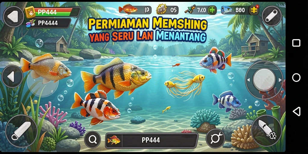 Screenshot gameplay PP444 yang menunjukkan aksi memancing yang seru.