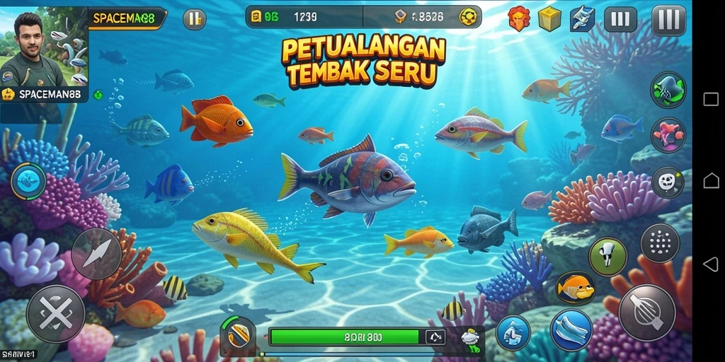 Screenshot menampilkan aksi seru dalam Tembak Ikan.