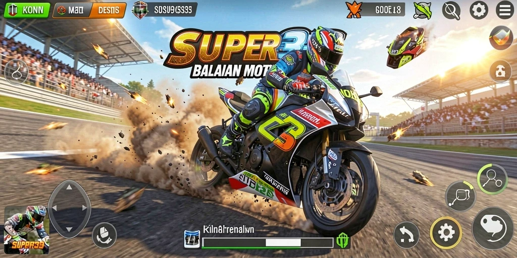 Gambar gameplay SUPER33 yang menunjukkan balapan motor yang mendebarkan.