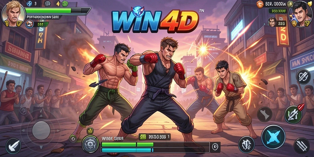 Tampilan gameplay WIN4D menampilkan pertarungan seru antara karakter yang berbeda.