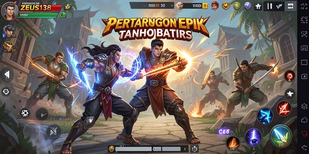 Screenshot utama ZEUS138 menunjukkan pertarungan seru antara dua karakter.